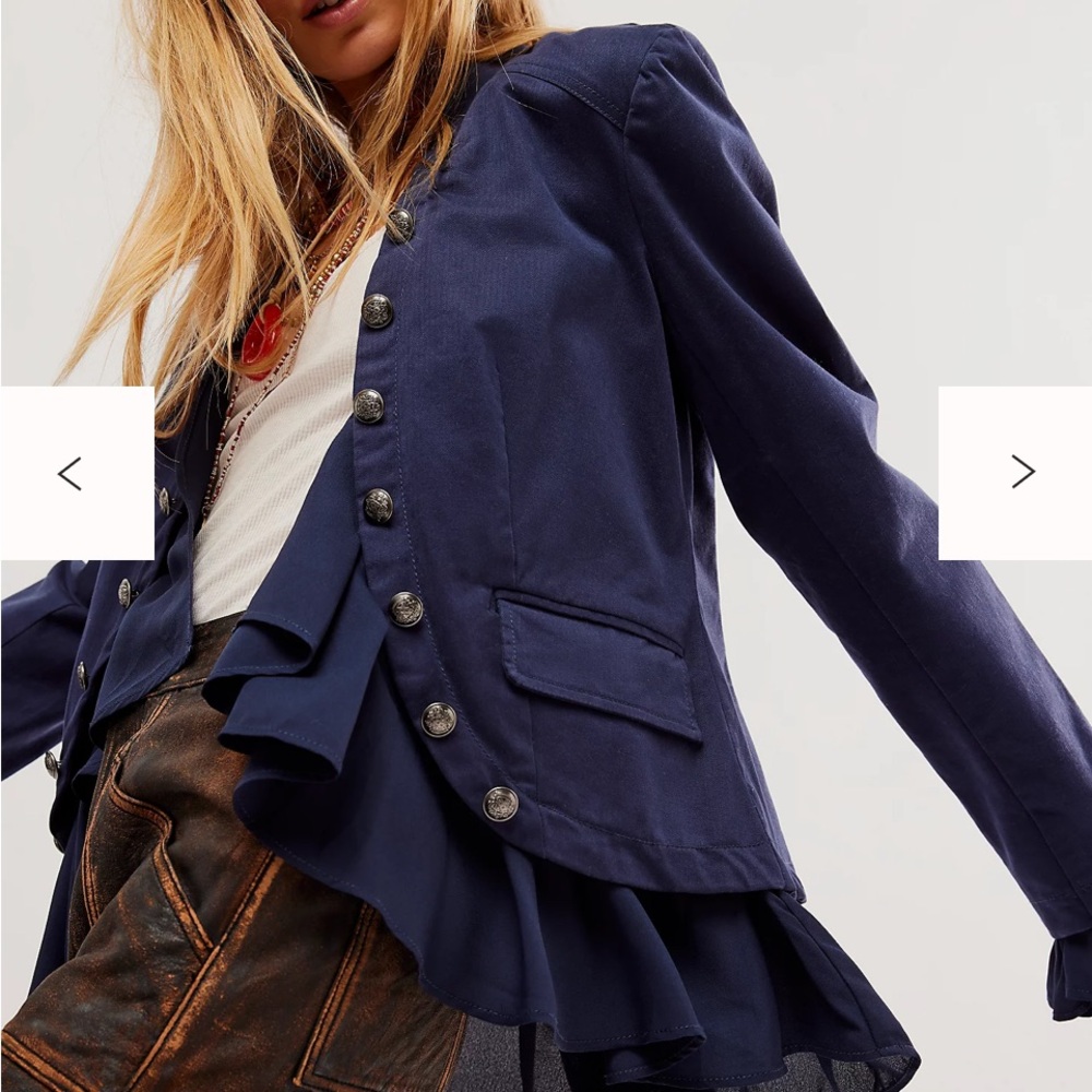 Free People Ruffles Romance Jacket with brass buttons. In Washed Black size xs